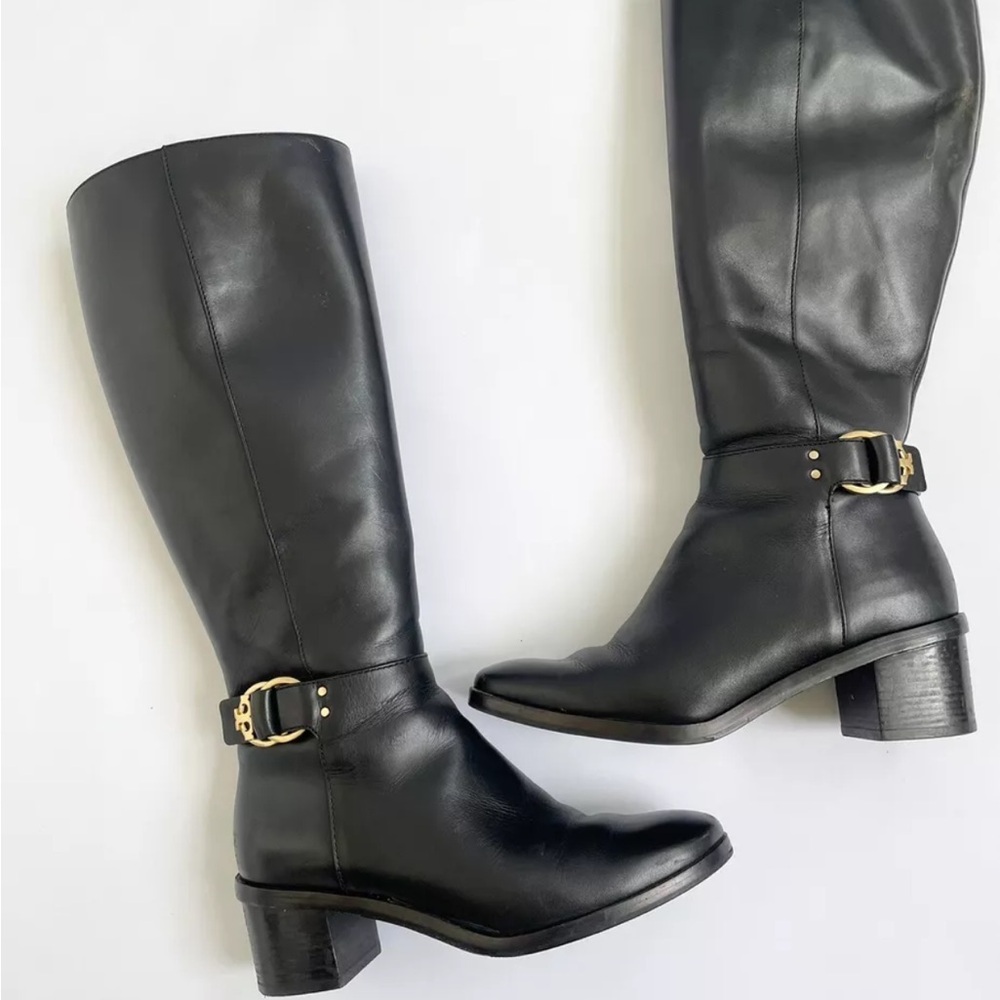 TORY BURCH Marsden Tall Riding Boots  Leather Block Heel Size 8 Round Toe